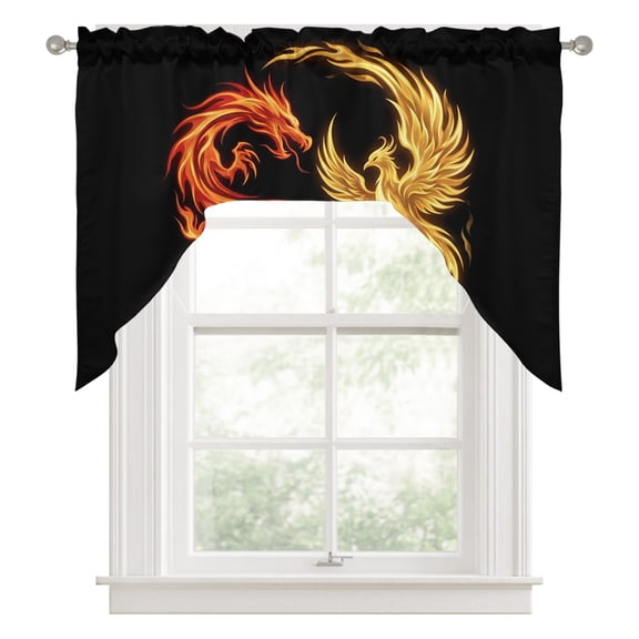 Chinese Style Kitchen Curtains Swag Valance for Windows/Bathroom/Cafe, Dragon Phoenix Gradient Fire Aesthetic Rod Pocket Drape Panel Swag Curtains Valance for Bedroom/Living Room 56"x36"