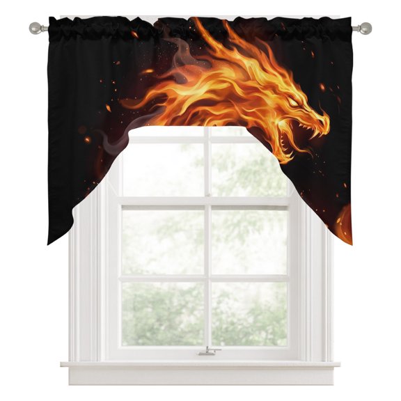 Chinese Style Kitchen Curtains Swag Valance for Windows/Bathroom/Cafe, Fantasy Dragon Orange Gradient Fire Rod Pocket Drape Panel Swag Curtains Valance for Bedroom/Living Room 56"x36"
