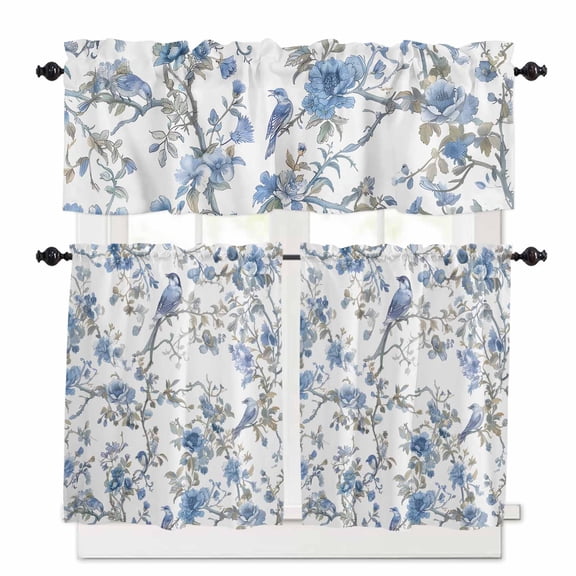 Chinese Style Kitchen Curtains Valance and Tier Set Blue Flowers and Birds Figure Rod Pocket Short Curtains for Small Window 3 Pieces Set for Bedroom Bathroom Cafe (54" x 18"+27" x 24")