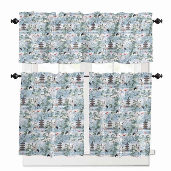 Chinese Style Kitchen Curtains Valance and Tier Set Retro Style Garden Plant and Animals Rod Pocket Short Curtains for Small Window 3 Pieces Set for Bedroom Bathroom Cafe (54" x 18"+27" x 24")