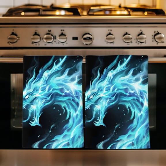 Chinese Style Kitchen Towels Set of 1, Chic Blue Dragon Gradient Fire Black Absorbent Dish Towels for Kitchen, Microfiber Hand Towel, Quick Drying Tea Towel for Cleaning Decorative Dishcloths