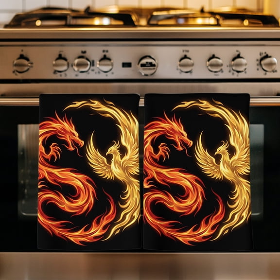 Chinese Style Kitchen Towels Set of 1, Dragon Phoenix Gradient Fire Aesthetic Absorbent Dish Towels for Kitchen, Microfiber Hand Towel, Quick Drying Tea Towel for Cleaning Decorative Dishcloths