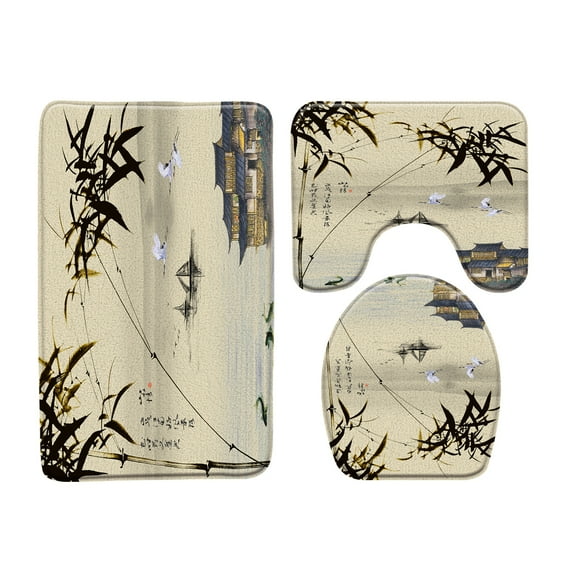 Chinese Style Landscape Bath Mats Ink Painting Vintage Bamboo Mountain Bathroom Flannel Carpet Toilet Seat Cover Mat Floor Rugs