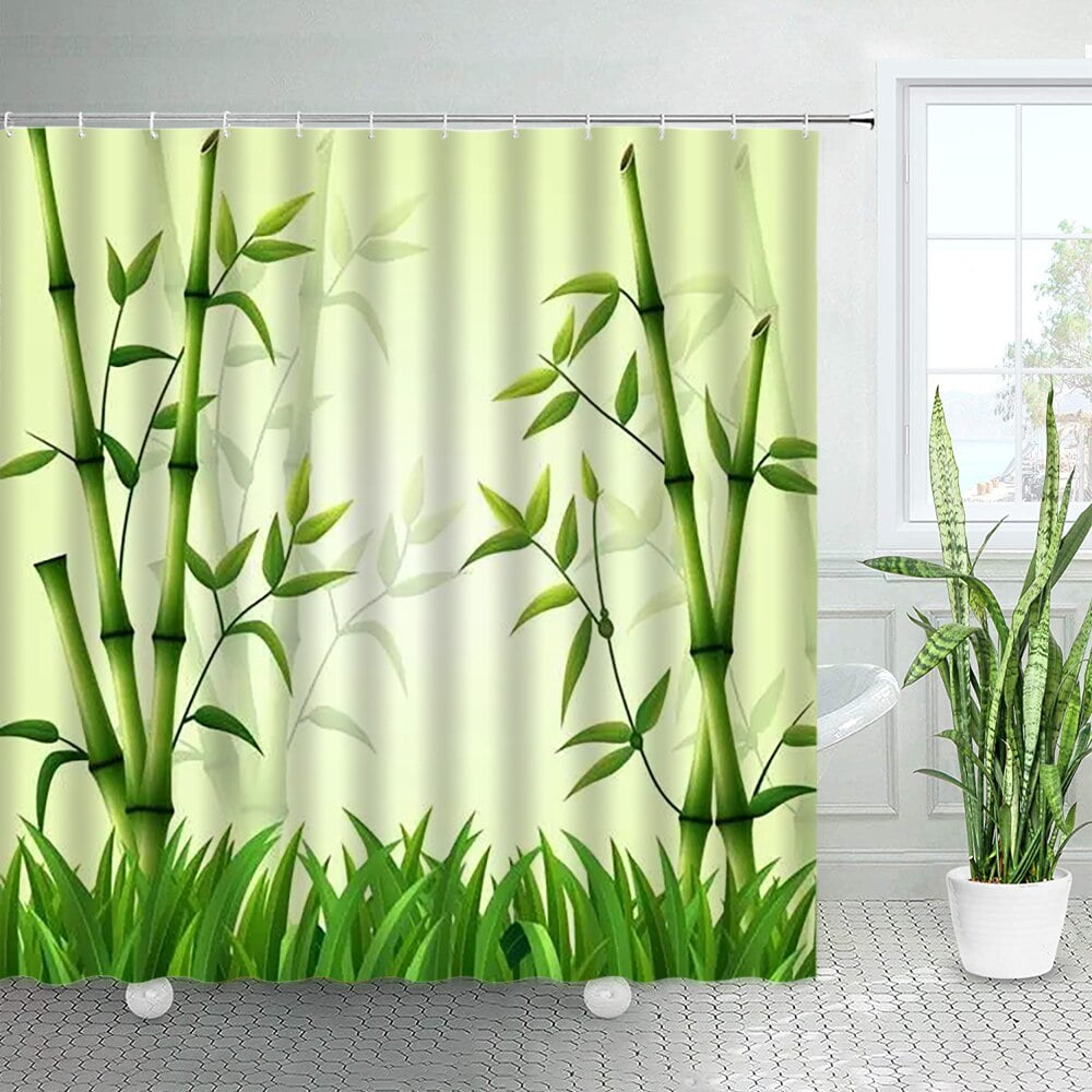 Chinese Style Landscape Lotus Green Bamboo Shower Curtains Butterfly
