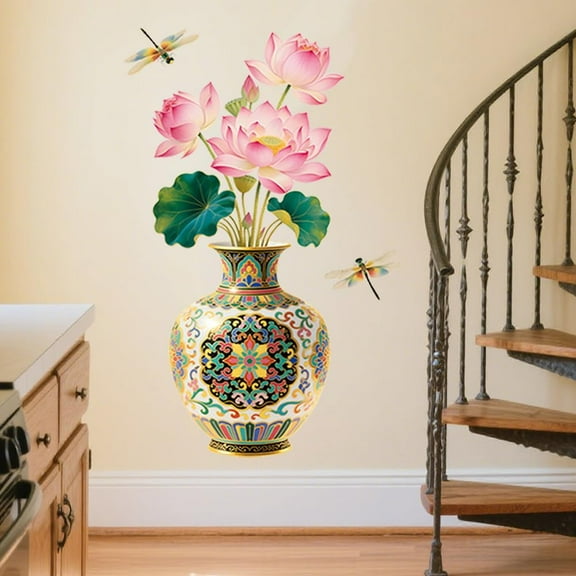 Chinese Style Large Vase and Lotus Wall Stickers Decals Decor Removable Peel and Stick 2 Sheets 11.8"x 37.8" Vinyl 3D Wall Murals for Bedroom Living Sewing Room Bathroom Classroom
