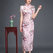 Chinese Style Long Dress: Qipao Short-sleeved in Slim Fit and Long Weaved