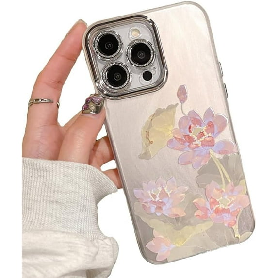 Chinese Style Lotus Feather Yarn Phone Case Compatible with iPhone Case (Silver,iPhone 15 Pro Max)
