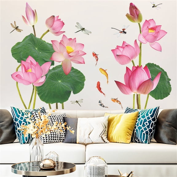 Chinese Style Lotus Flower Wall Sticker with Koi Fish and Dragonfly, Removable Waterproof Self- PVC Mural for Bedroom or Living Room Home Decoration