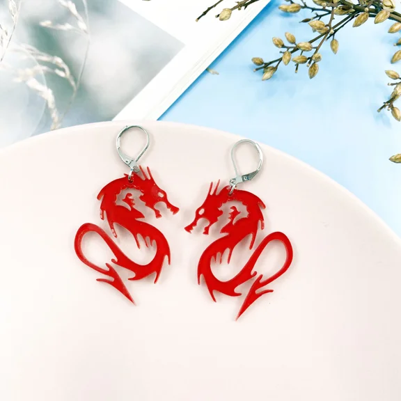 Chinese Style Metal Arcylic Dragon Earrings Punk Cool Gold Silver Color Mirror Surface Animal Drop Earrings for Women Jewelry