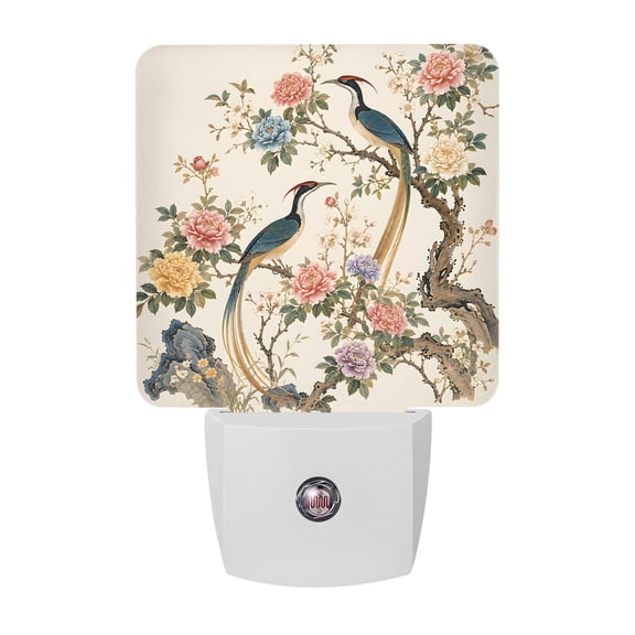 Chinese Style Night Lights Plug Into Wall, LED Dusk to Dawn Sensor Night Light, Oriental Nature Birds Colorful Flowers Branch Nightlight for Bedroom Bathroom Living Room Hallway Home Wall Decor