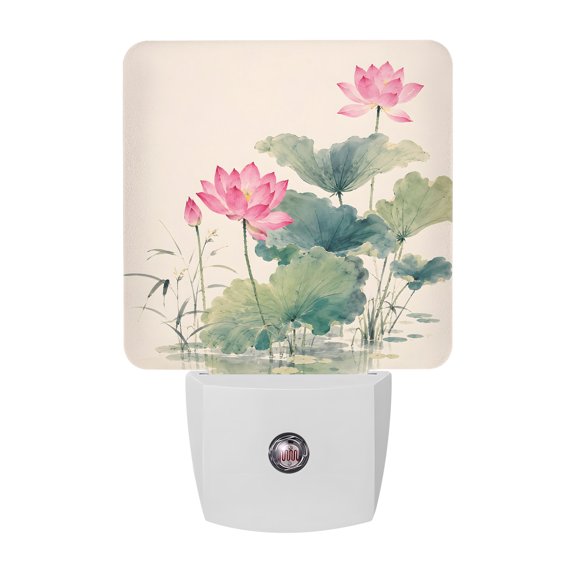 Chinese Style Night Lights Plug Into Wall, LED Dusk to Dawn Sensor Night Light, Oriental Nature Watercolor Flowers Leaf Nightlight for Bedroom Bathroom Living Room Hallway Home Wall Decor