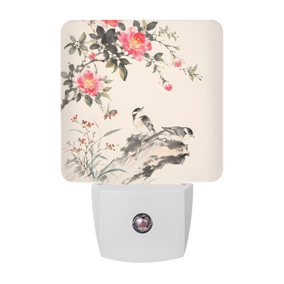 Chinese Style Night Lights Plug Into Wall, LED Dusk to Dawn Sensor Night Light, Oriental Nature Watercolor Red Flowers Birds Nightlight for Bedroom Bathroom Living Room Hallway Home Wall Decor