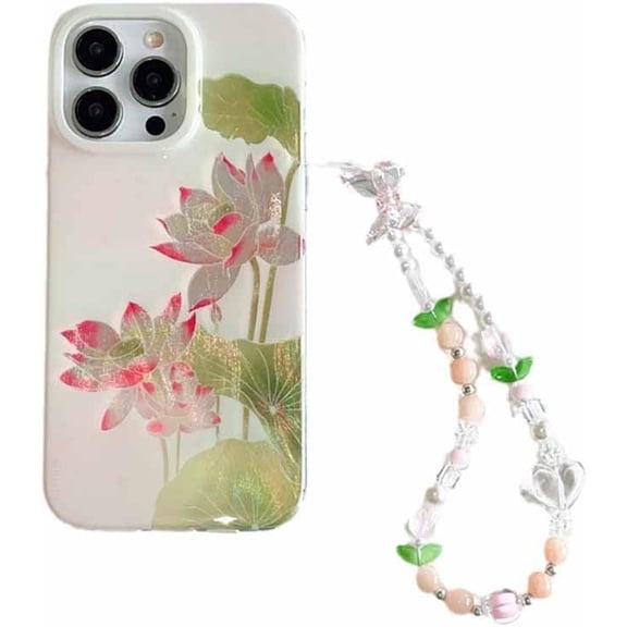 Chinese Style Oil Painting Lotus Lanyard Chain Phone Case Compatible with iPhone Case (White,iPhone 13)