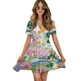 thumbnail image 1 of Chinese Style Pattern Color Women Dress V-Neck Short Sleeve Flowy Swing Party Midi Dress, 1 of 4