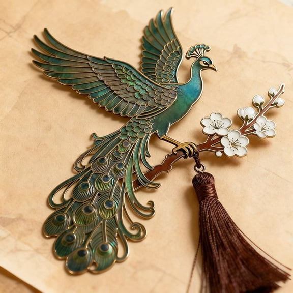 Chinese Style Peacock Enamel Copper Bookmark Hollow Tassel Blue Glaze