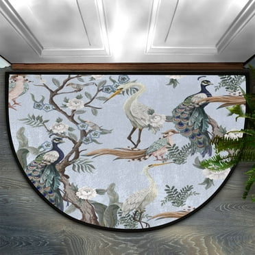 Chinese Style Peacock Flower Half Round Indoor Entrance Rug Door Mats 36x24 Inches Absorbent Non-Slip Bedroom Front Back Outdoor Welcome for Entryway Machine Washable