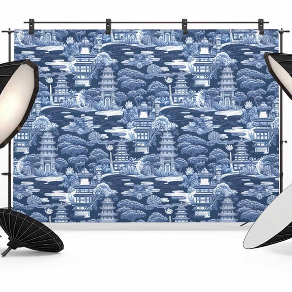 Chinese Style Photography Backdrop 7x5FT, Blue Garden Plant River Retro Style Photo Backdrops, Background for Photography Studio Photo Studio Background, Back Drop for Photoshoot