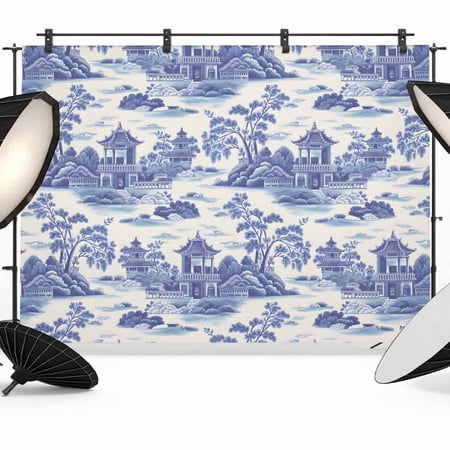 Chinese Style Photography Backdrop 7x5FT, Blue Retro Garden Plant River Boat Photo Backdrops, Background for Photography Studio Photo Studio Background, Back Drop for Photoshoot