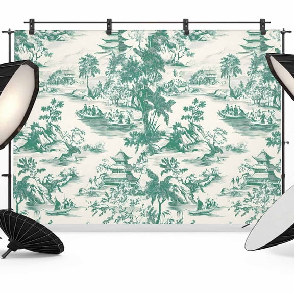 Chinese Style Photography Backdrop 8x6FT, Green Garden Plant Mountain River Boat Photo Backdrops, Background for Photography Studio Photo Studio Background, Back Drop for Photoshoot