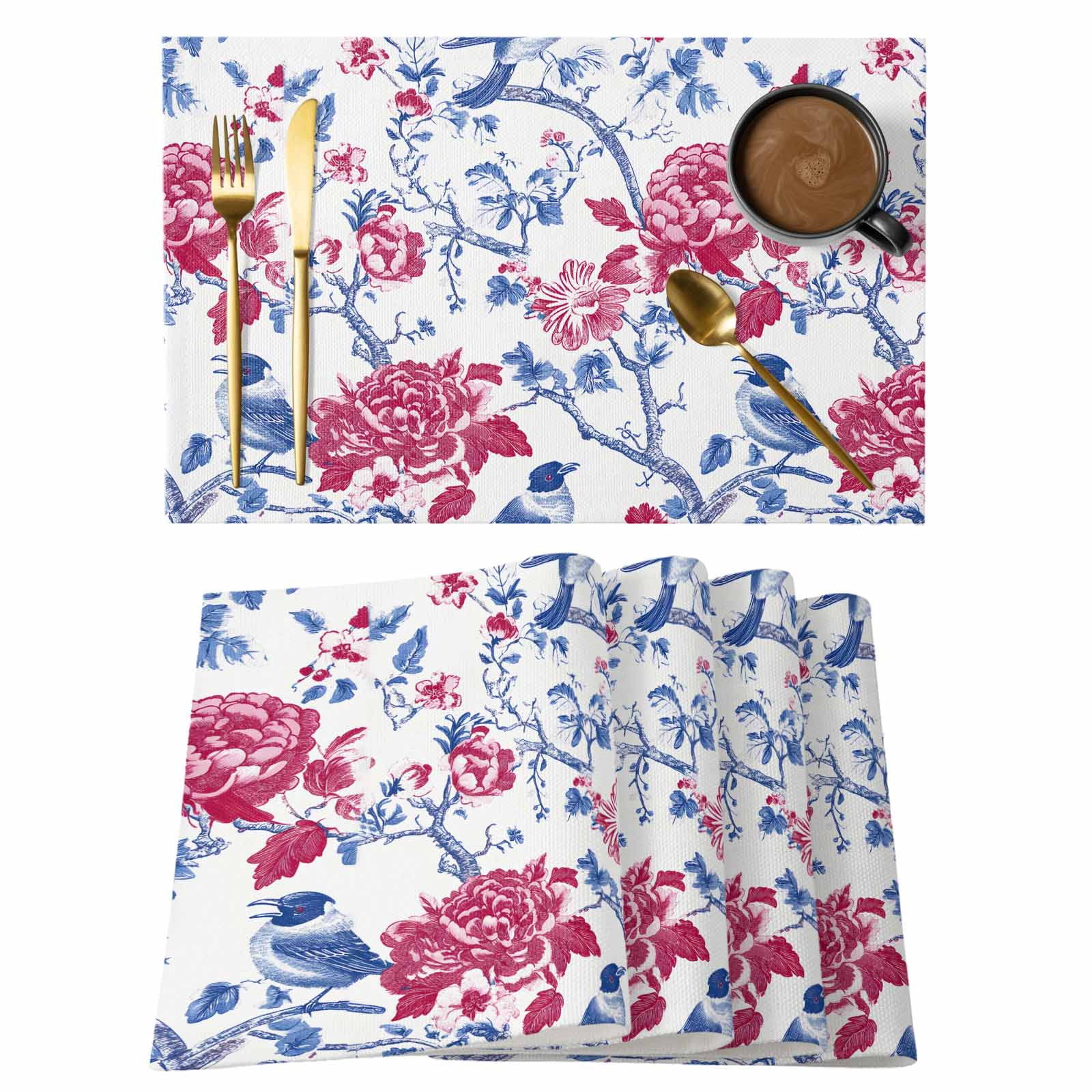 Chinese Style Placemats Set of 2, Watercolor Tree Branch With Flowers ...