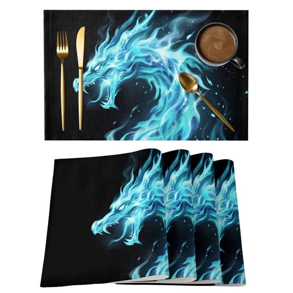 Chinese Style Placemats Set of 4 Chic Blue Dragon Gradient Fire Black Place Mats Indoor Wipeable Table Mats Washable Cloth Dining Table Placemats for Kitchen Holiday Party Home Decor 13x19 Inch