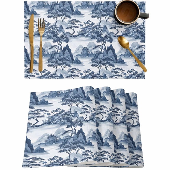 Chinese Style Plant Garden Landscape Placemats Set of 4,Wipeable Washable Table Mats for Dining Tables,Chinoiserie Retro Style Place Mats for Kitchen Event Party Tabletop Decor