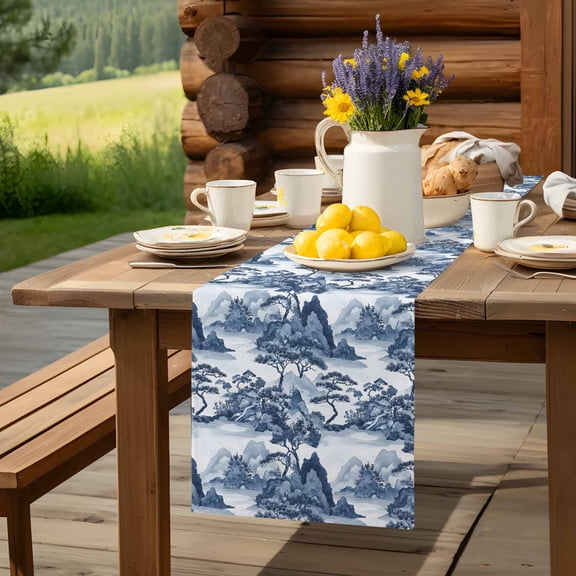 Chinese Style Plant Garden Landscape Table Runner 60 Inch Long Chinoiserie Retro Style Table Runners Linen Burlap Tablerunner for Kitchen Dining Room Holiday Party