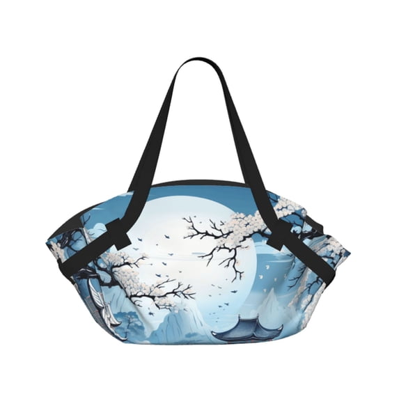 Chinese Style Powder Chinoiserie Toile Blue 2-in-1 Foldable Picnic Blanket Tote Bag Shoulder Handbag, Large Circular Outdoor Mat for Beach Camping Park