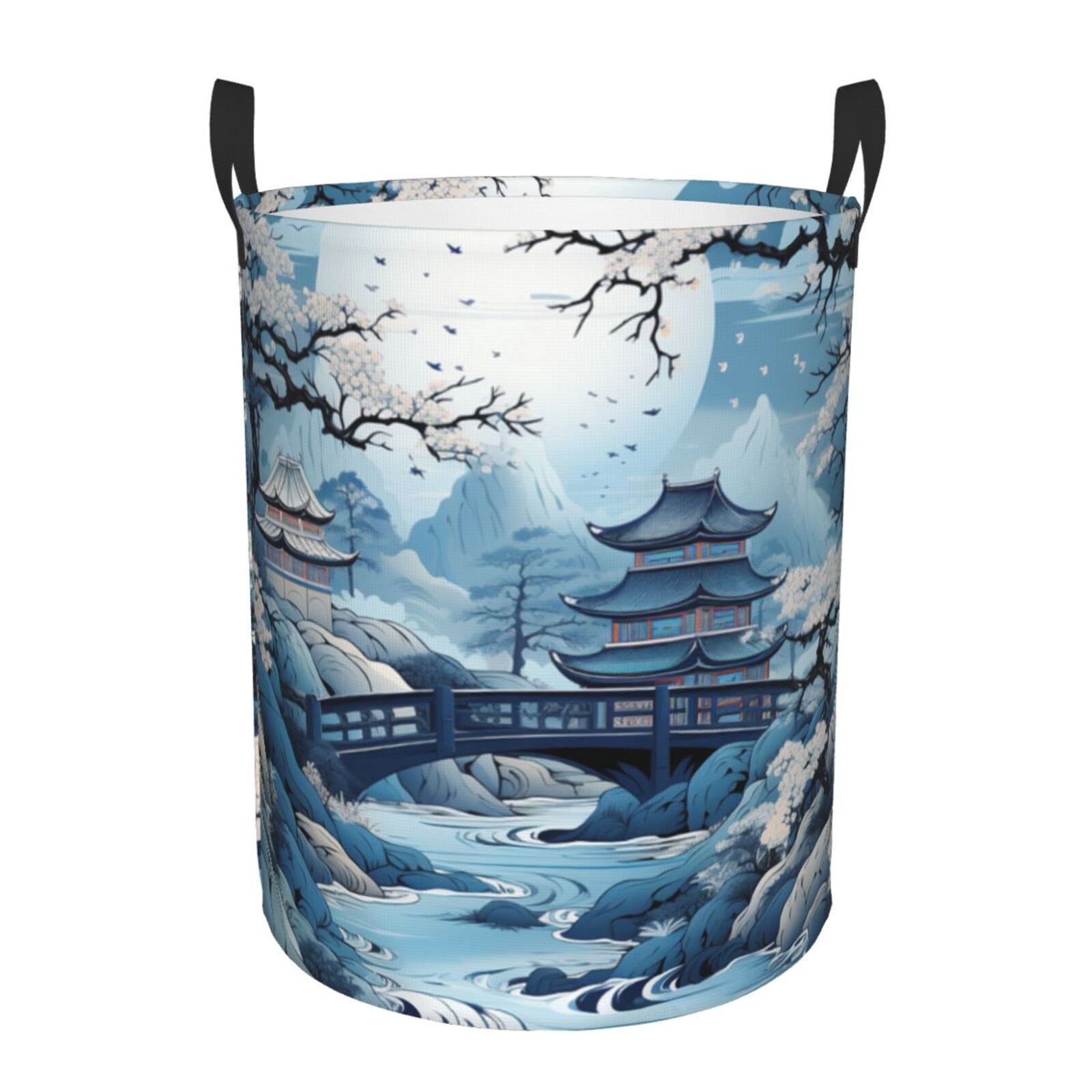 Chinese Style Powder Chinoiserie Toile Blue Foldable Laundry Hamper with Handle Storage Basket for Clothes Toys & Organizing