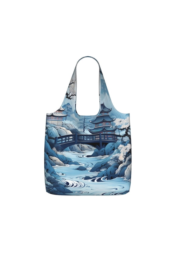 Chinese Style Powder Chinoiserie Toile Blue Foldable Reusable Shopping Bag Large Capacity Tote Handbag Storage Pouch for Travel Work