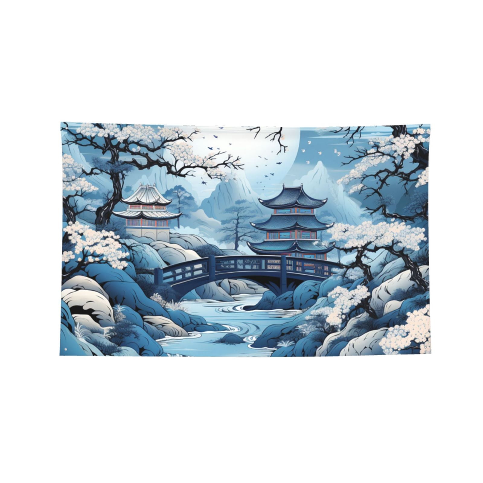 Chinese Style Powder Chinoiserie Toile Blue Four Hole Decorated Banner Flag for Garden Yard Home Decoration Indoor Outdoor 4x6 Ft