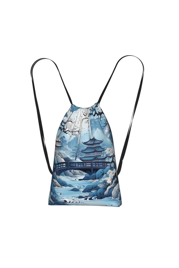 Chinese Style Powder Chinoiserie Toile Blue Packable Drawstring Backpack, Lightweight Foldable Cinch Storage Bag for Gym Travel Shopping