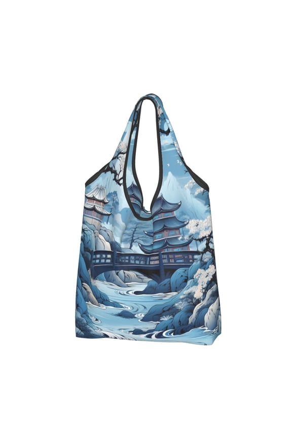 Chinese Style Powder Chinoiserie Toile Blue Reusable Grocery Bags Shopping Totes Foldable Washable Pouch Handbag Storage Bag