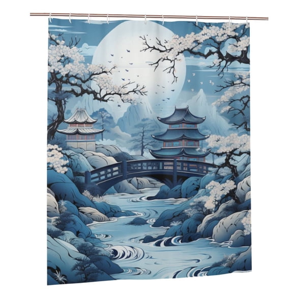 Chinese Style Powder Chinoiserie Toile Blue Shower Curtain Set with Hooks Plastic Waterproof Bath Curtains 60X72 Inches for Bathroom Decor