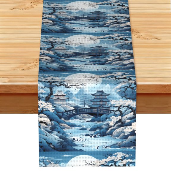 Chinese Style Powder Chinoiserie Toile Blue Table Runner 13x72 Inch for Dining Table Kitchen Wedding Party Decor Fireplace Mantle