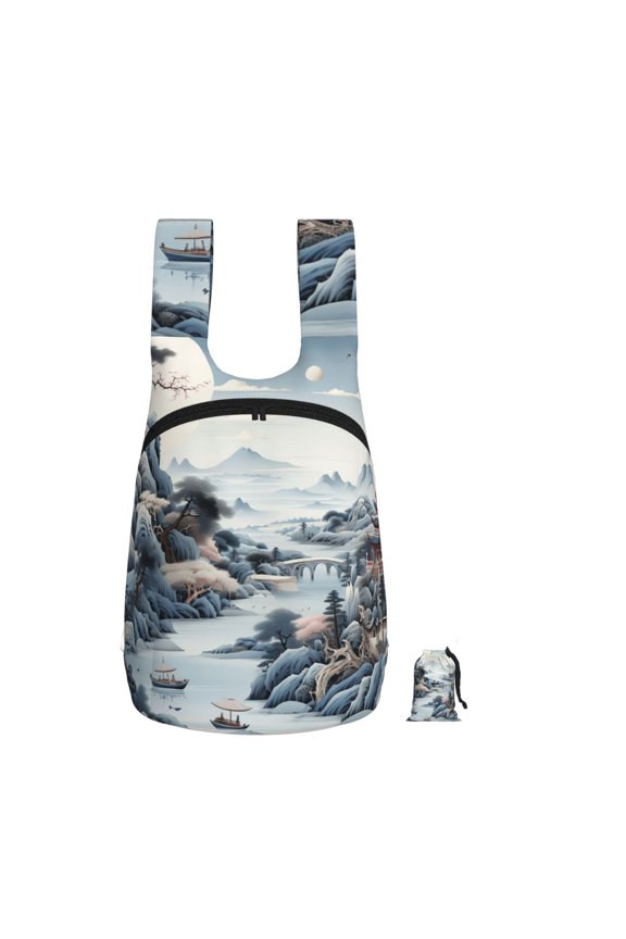 Chinese Style Powder Chinoiserie Toile Foldable Storage Backpack Lightweight Packable Travel Daypack for Shopping Commuting Hiking