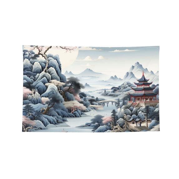 Chinese Style Powder Chinoiserie Toile Four Hole Decorated Banner Flag for Garden Yard Home Decoration Indoor Outdoor 3x5 Ft