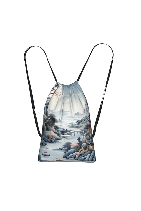Chinese Style Powder Chinoiserie Toile Packable Drawstring Backpack, Lightweight Foldable Cinch Storage Bag for Gym Travel Shopping