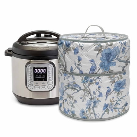 Chinese Style Pressure Cooker Cover Blue Flowers and Birds Figure Dust Cover for Kitchen Appliances with Top Handle & Storage Pockets, Fits 8 Quart Instant Pot, Air Fryer, Crock Pot