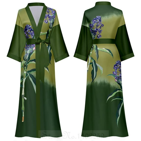Chinese Style Print Women Long Robe Nightgown Retro Satin Sleepwear Nightdress Half Sleeve Kimono Bathrobe Gown Loose Home Wear (Green Long 17,PLUS ONE SIZW)