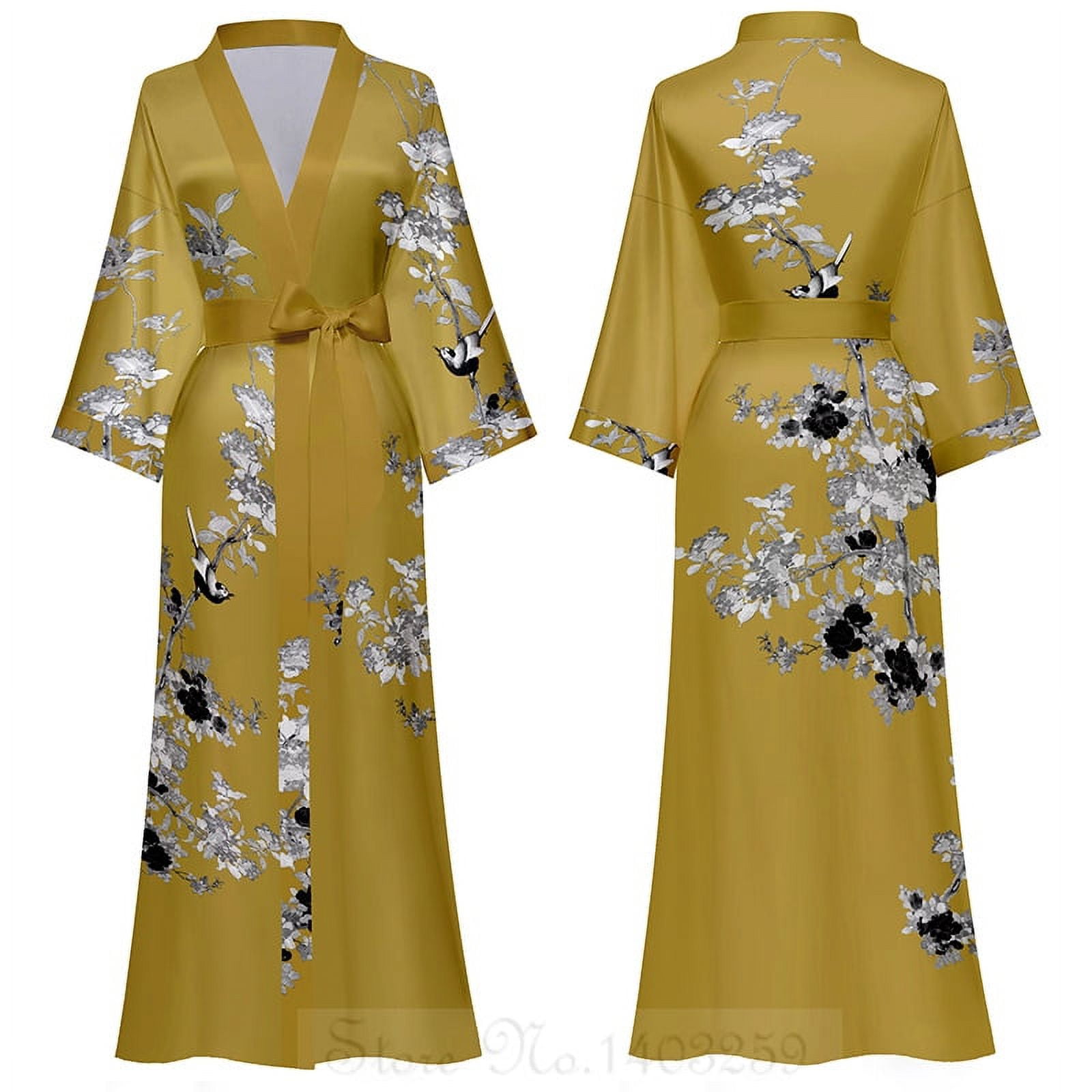 Kimono Largo Para Mujer De Saten - Estampado Floral, Talla Única, Para Casa O Ocasiones Especiales