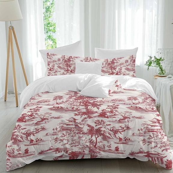 Chinese Style Queen Duvet Cover Set, Red Garden Plant Mountain River Boat 4 Piece Microfiber Bedding Set with Zipper Closure, Bed Sheet and 2 Pillow Shams, Soft Bedding Cover