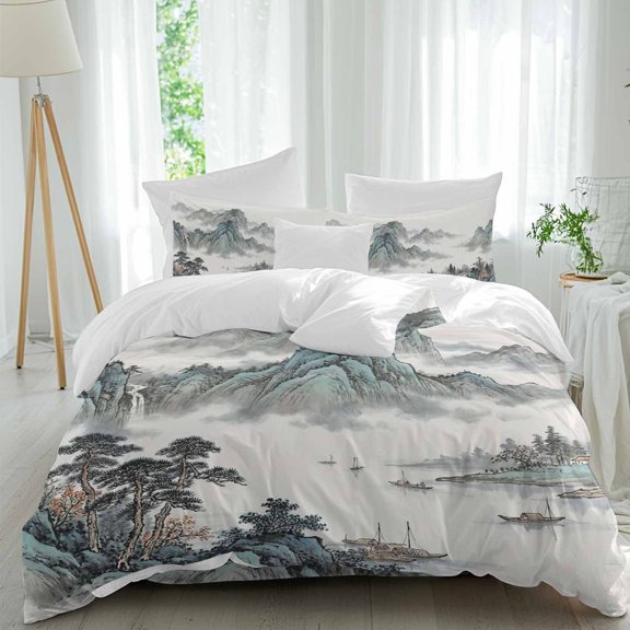 Chinese Style Queen Duvet Cover Set, Traditional Ink Painting Tree Mountain Landscape 4 Piece Microfiber Bedding Set with Zipper Closure, Bed Sheet and 2 Pillow Shams, Soft Bedding Cover
