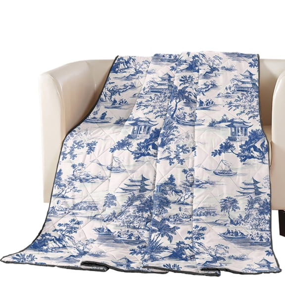 Chinese Style Quilted Comforters Cooling Blanket Oversized King Size, Blue Garden Plant Mountain River Boat Cold Comfort for Hot Sleepers Lightweight Air Conditioning Quilt Blanket for Bed