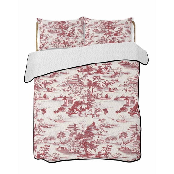 Chinese Style Quilts Bedding Set California King Red Garden Plant Mountain River Boat Lightweight Quilted Bedspread 3 Piece Bed Quilt with 2 Pillow Shams All Season for Bedroom 96" x 106"