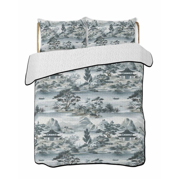 Chinese Style Quilts Bedding Set California King Retro Garden Plant and Mountain Lightweight Quilted Bedspread 3 Piece Bed Quilt with 2 Pillow Shams All Season for Bedroom 96" x 106"