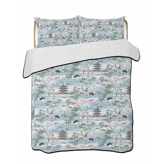 Chinese Style Quilts Bedding Set California King Retro Style Garden Plant and Animals Lightweight Quilted Bedspread 3 Piece Bed Quilt with 2 Pillow Shams All Season for Bedroom 96" x 106"