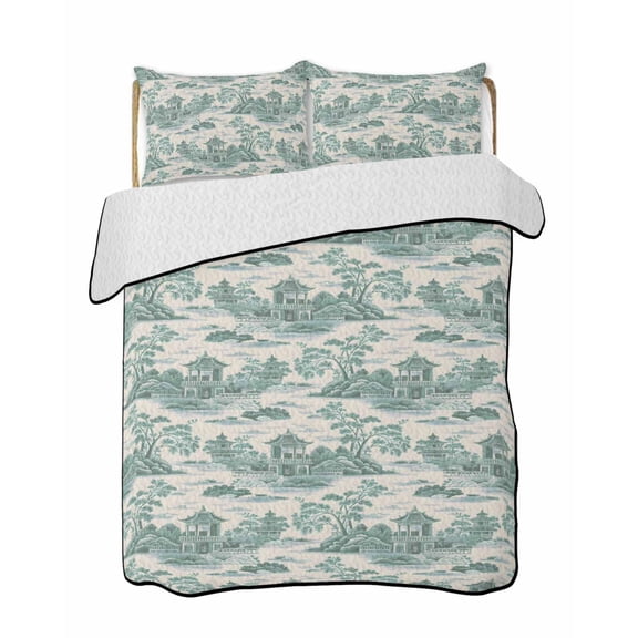 Chinese Style Quilts Bedding Set Full Size Retro Green Garden Plant River Boat Lightweight Quilted Bedspread 3 Piece Bed Quilt with 2 Pillow Shams All Season for Bedroom 68" x 98"