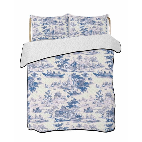 Chinese Style Quilts Bedding Set King Size Blue Garden Plant River Boat Lightweight Quilted Bedspread 3 Piece Bed Quilt with 2 Pillow Shams All Season for Bedroom 90" x 96"
