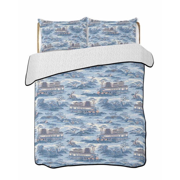 Chinese Style Quilts Bedding Set Queen Size Retro Blue Garden Plant River Lightweight Quilted Bedspread 3 Piece Bed Quilt with 2 Pillow Shams All Season for Bedroom 78" x 90"